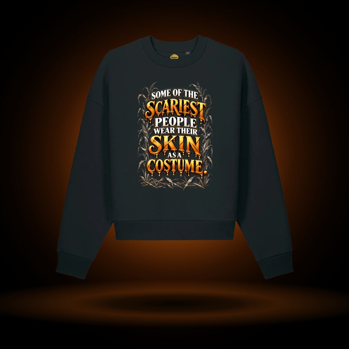 Skin as a Costume Halloween sweatshirt, black, with an orange glow