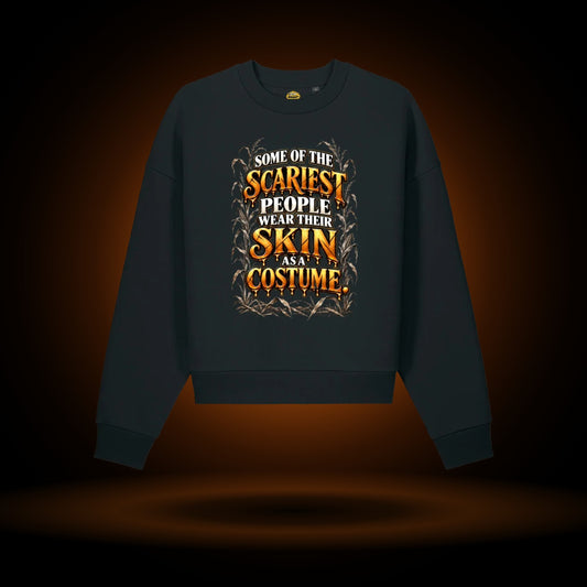 Skin as a Costume Halloween sweatshirt, black, with an orange glow