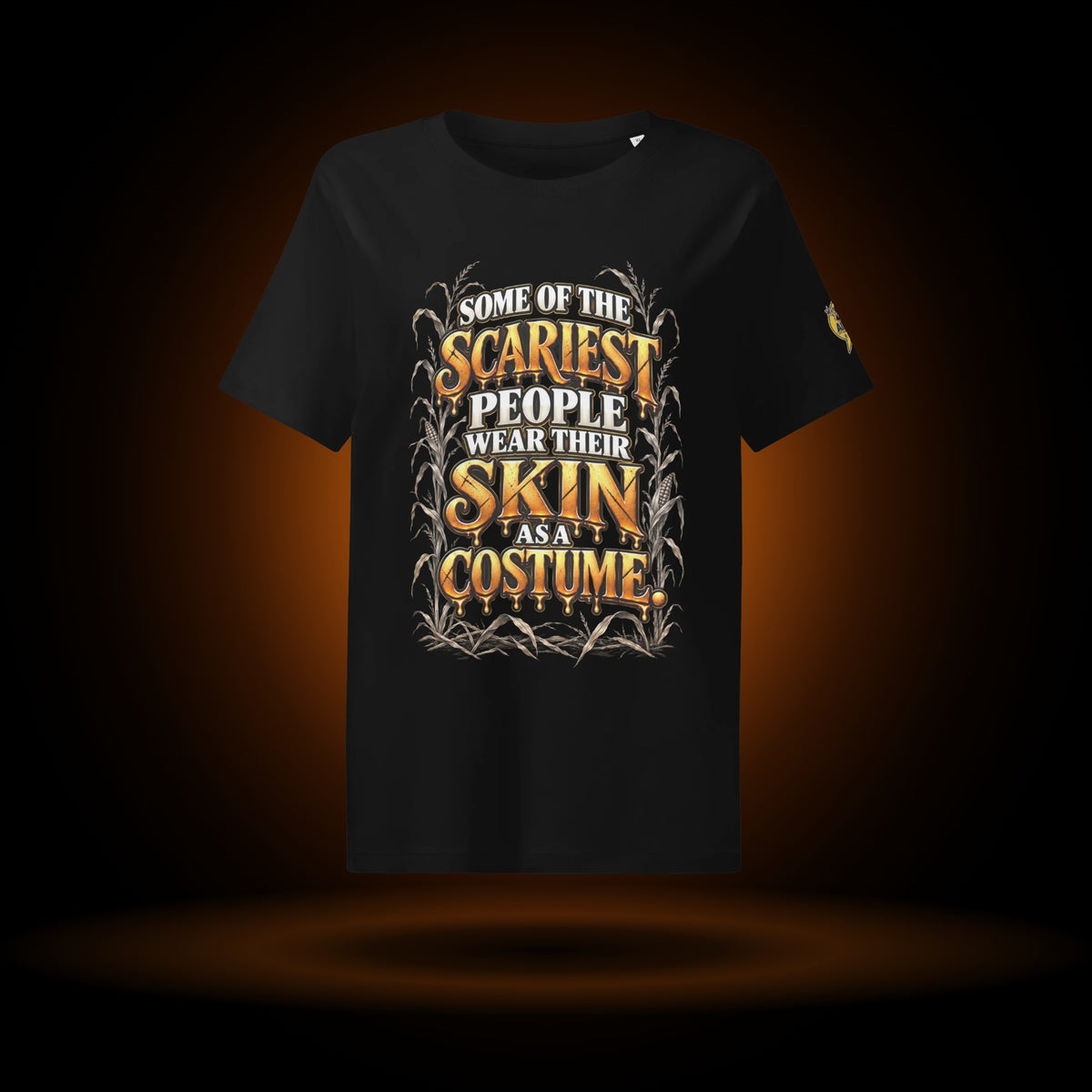 Skin as a Costume Halloween tee, black, with an orange glow