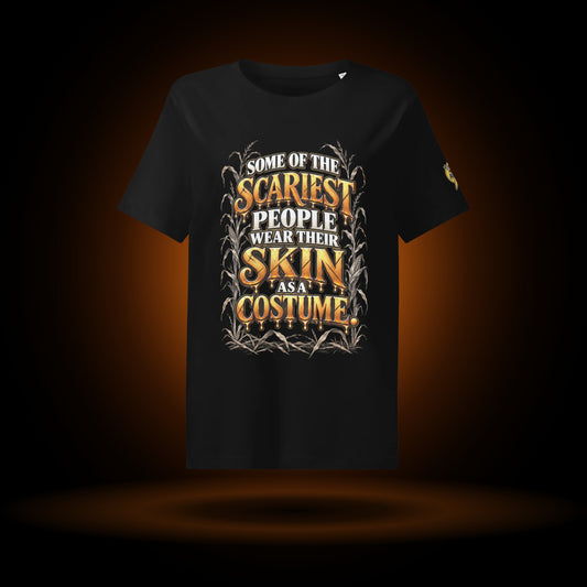 Skin as a Costume Halloween tee, black, with an orange glow