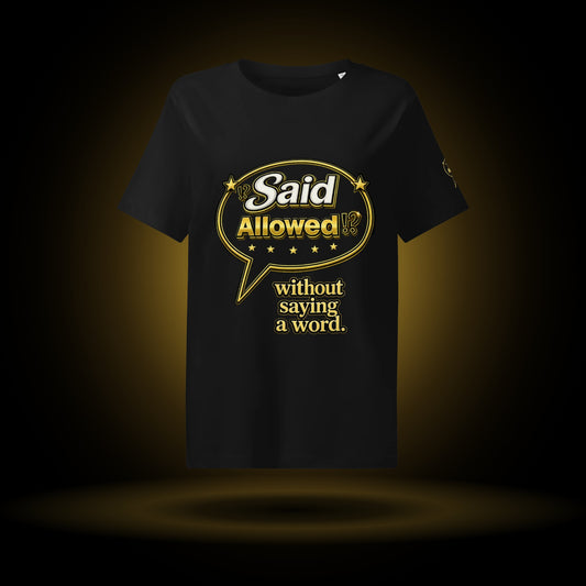 Without Saying a Word tee, black, with a gold glow